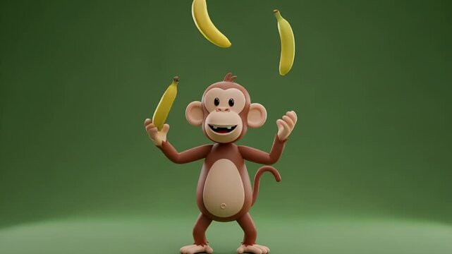 Cheerful Monkey Juggling Bananas on Green Background