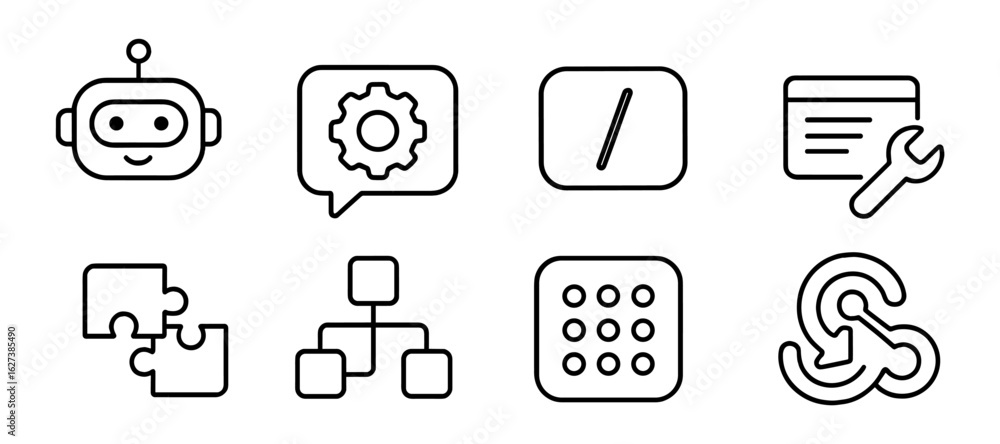 Aufkleber technology and tools outline icon set. robotics, software, networking icons collection