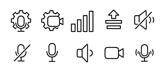 Fototapeta premium Communication, audio linear icon set. microphone, video, and sound icons line style