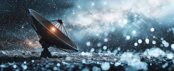 Astronomy. Abstract mash line and point radio telescope on white background with an inscription. Starry sky or space, consisting of stars and the universe. 