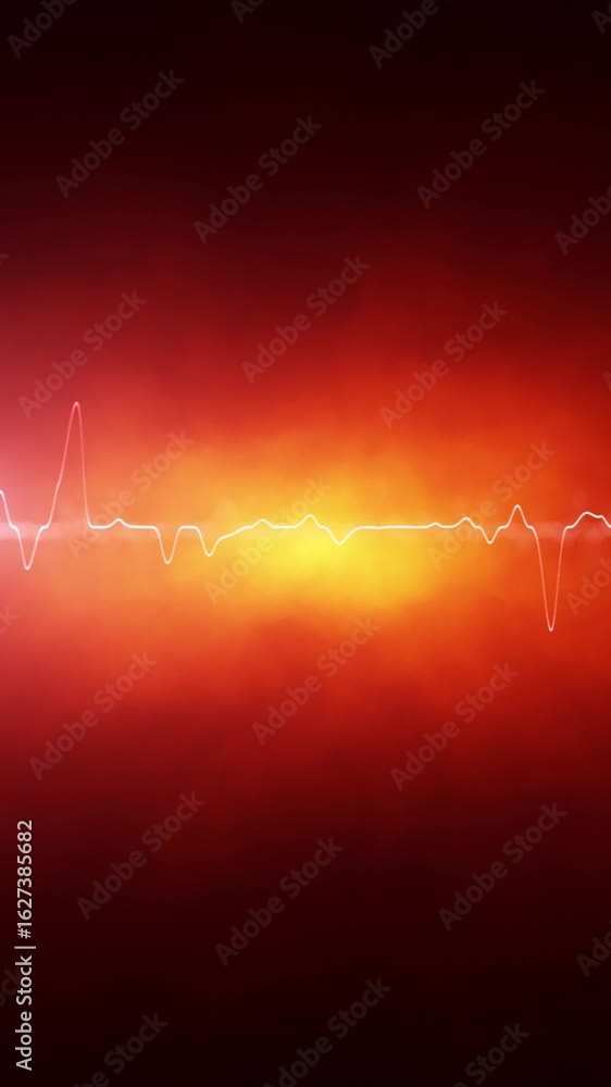 Poster abstract heart ecg graph looping with pulsing light on vertical firem flame background.