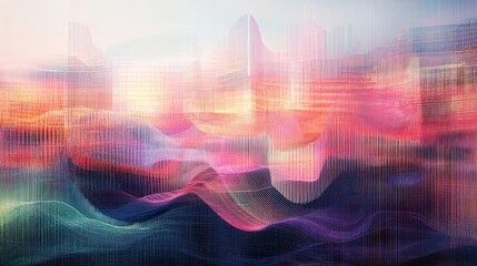 Abstract Landscape with Overlapping Grids and Lines in Pink, Orange, and Blue Hues