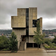 Modern concrete building with stepped entryway