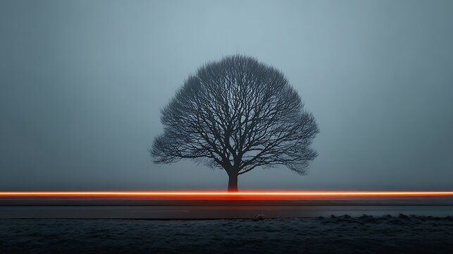 Serene Winter Landscape: Lone Tree, Red Light Trails, Misty Dawn