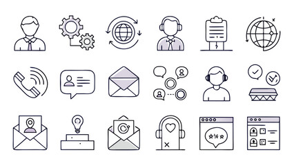 Customer Service and Communication Line Icon Set - Support, Global & Contact Vectors