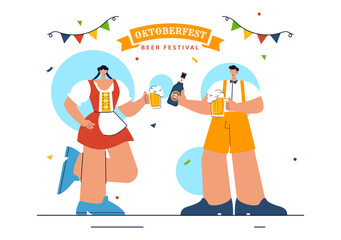 Happy Oktoberfest Party Festival Vector Illustration Featuring Beer, Sausage, Gingerbread, Barrels, German Flag, and Wheat in a Flat Background