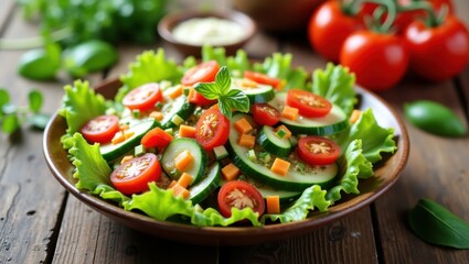 Fresh Garden Salad with Ripe Tomatoes and Crisp Cucumbers