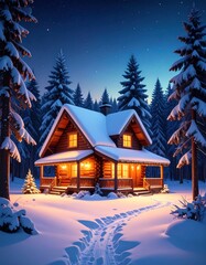 Naklejka premium Cozy log cabin in snowy forest at night (10)