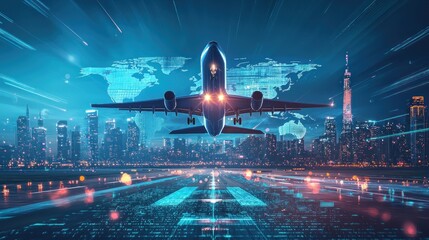 Technology digital future of commercial air transport concept, Airplane taking off from airport runway on city skyline and world map background with copy space, Moving by speed motion blur effect
