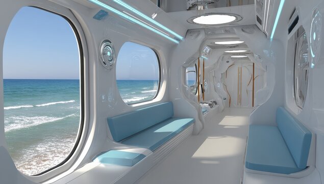 Futuristic train car interior with ocean views