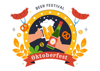 Happy Oktoberfest Party Festival Vector Illustration Featuring Beer, Sausage, Gingerbread, Barrels, German Flag, and Wheat in a Flat Background