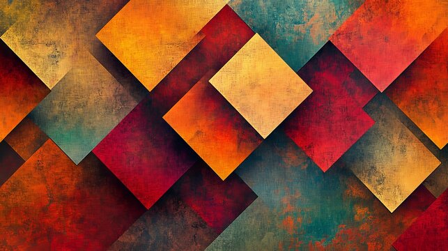 9.An abstract design of interlocking squares in a harmonious color palette of warm and cool tones, layered to create a dynamic and textured composition.