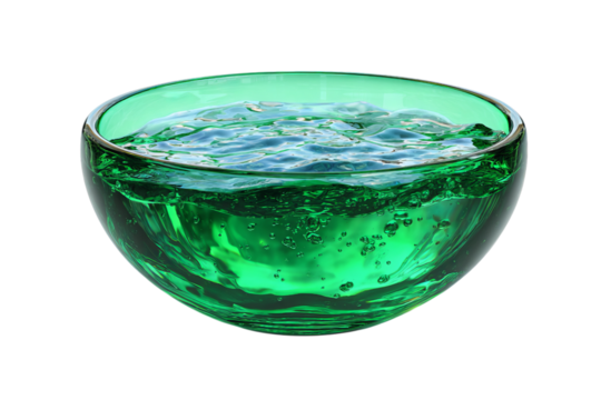 A glass bowl with a green color, in a simple and cute style, against a white isolated on a transparent background in PNG format