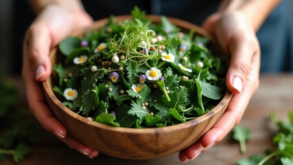 Freshly Harvested Green Salad with Edible Flowers and Herbs in a Wooden Bowl Held by Hands