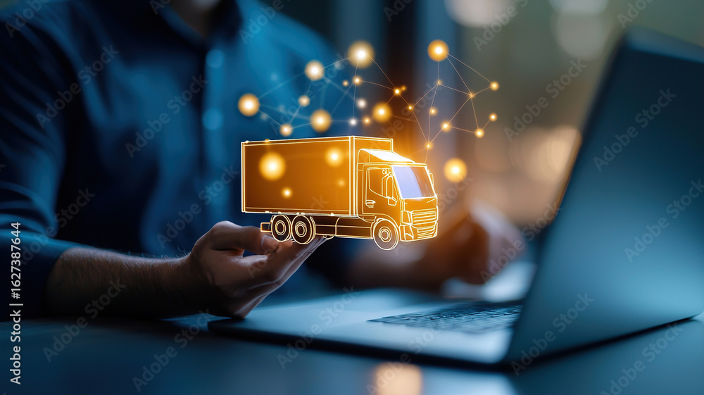 Poster digital representation of truck connected to network, symbolizing blockchain powered supply chain. i