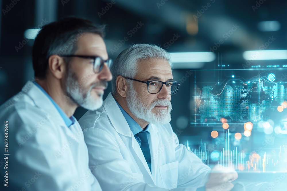 Poster two scientists in lab coats analyzing data on digital screen, showcasing advanced technology and col