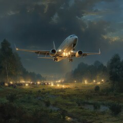 Plane landing at night, lit field