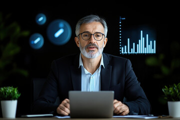 Professional man suit is presenting business strategy with data visualizations background. He appears confident and engaged, surrounded by plants
