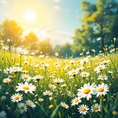Fototapeta premium Vibrant meadow filled with white daisies under golden sunlight
