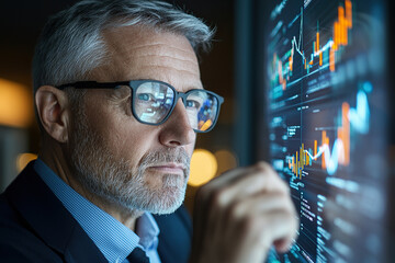 CEO analyzing financial performance data on holographic display, showcasing focus and determination in modern office environment