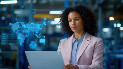 Professional woman using laptop in modern workspace, engaged in digital analysis with holographic world map displayed