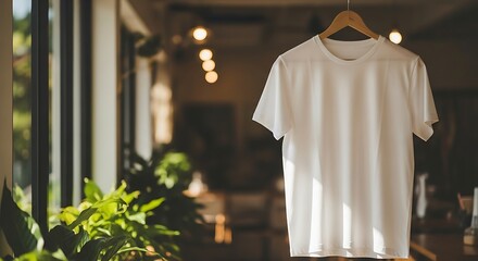 White tshirt hanging on a hanger in a cafe with plants