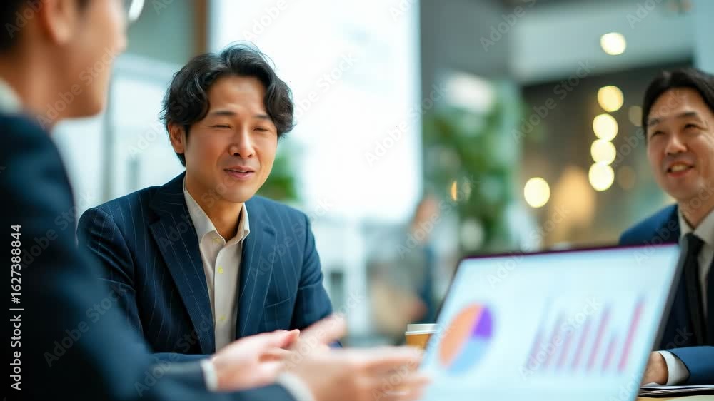 Poster three men are sitting at a table with a laptop in front of them. one of the men is smiling and talki