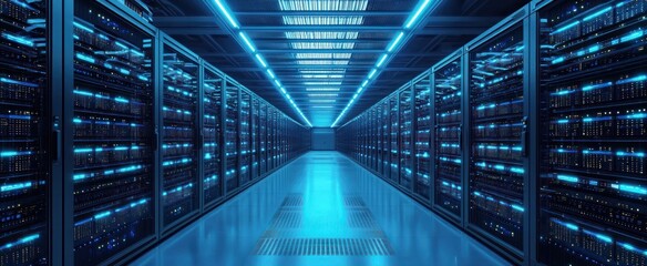 Server racks in server interior room data center. Server room center exchanging cyber datas and connections. Network security. Working Data Center. Supercomputer Technology Concept. 3d rendering