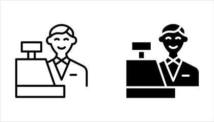 Male and Female cashier line icon set. Woman and Man worker at cash register, cashbox. Cashier concept on white background