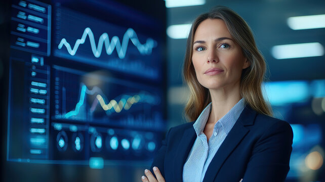 Confident businesswoman stands in modern corporate boardroom, analyzing data on digital screens. She embodies professionalism and leadership