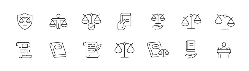 Law and justice outline icons set – legal, scales, court and balance symbols
