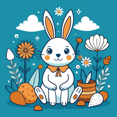 Cute easter bunny surrounded by flowers and carrots