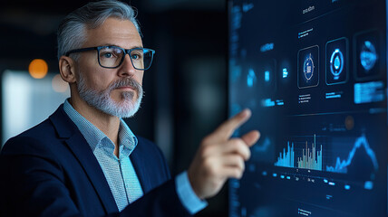 Innovative professional engaging with digital data analytics on touchscreen interface, showcasing advanced technology and insights