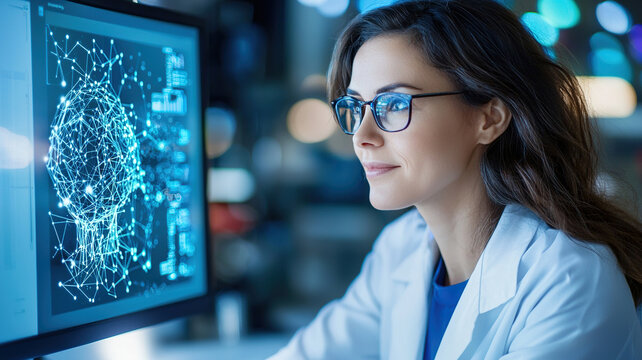 Innovative scientist analyzing AI data on computer screen, showcasing advanced technology and creativity in modern lab environment