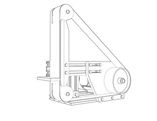 Industrial Belt Sander Grinder Wireframe Illustration: Precision Engineering Technical Drawing of Abrasive Polisher Wheel and Sharpener. An Essential Manufacturing and Fabrication Machine Line Art