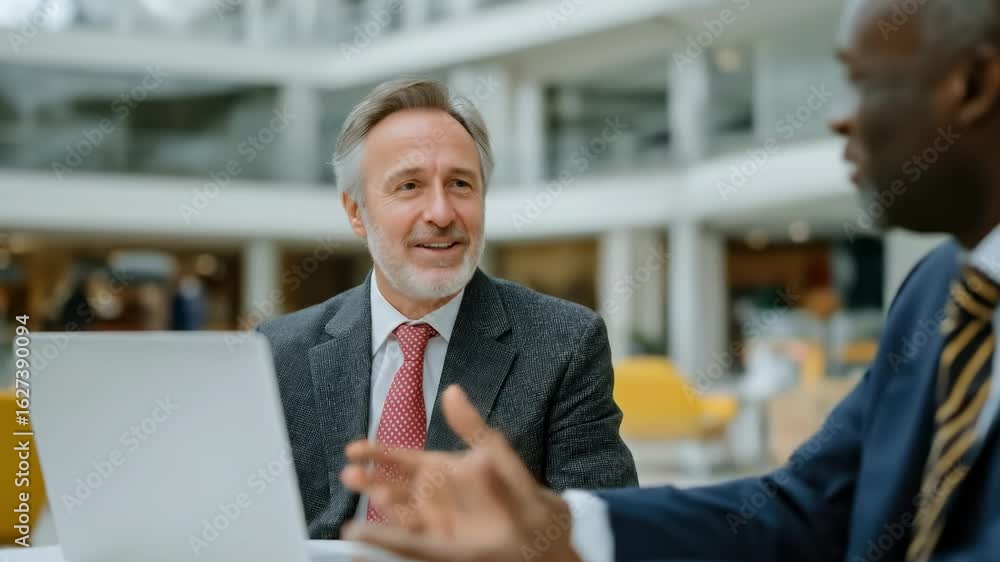 Poster two men in suits are sitting at a table with a laptop in front of them. they are smiling and seem to