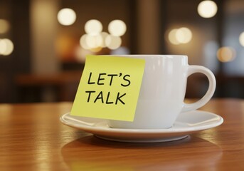 White coffee cup with a lets talk note