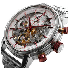 Skeleton Chronograph Watch Close-Up with Silver Band, Gears, and Red Accents on Isolated Transparent Background