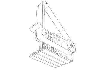 Monochrome CAD Wireframe Illustration of a Mechanical Belt Sanding Machine - Technical Outline Drawing: Industrial Schematic for Precision Engineering, Manufacturing, and Workshop Tool Concepts.