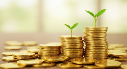 Growing Money Concept: Coins with Green Sprouts Financial Growth.