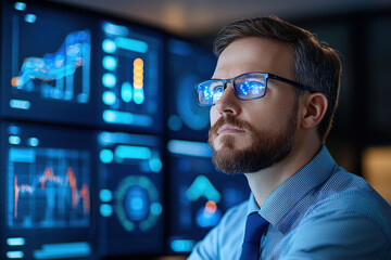 Focused professional analyzing data on multiple screens, showcasing advanced analytics and technology in modern workspace