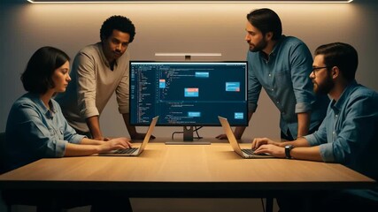 Diverse team collaborating around computer screen in modern office setting focused on technology and software development creating dynamic presentation of information and ideas - Powered by Adobe