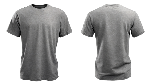 High-resolution heather gray T-shirt template PNG on seamless transparent background, realistic apparel mockup ideal for crisp cutouts, e-commerce product listings, and print-on-demand design previews