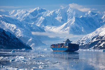 Container ship sailing through icy waters surrounded by snow mountains