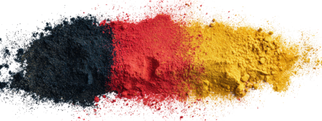 A colorful blend of powdered pigments,  in three distinct hues?black, red, and gold, forming a streaked, irregular pattern against a black background