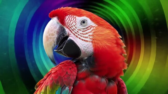 Colorful parrot head rotating against vibrant background