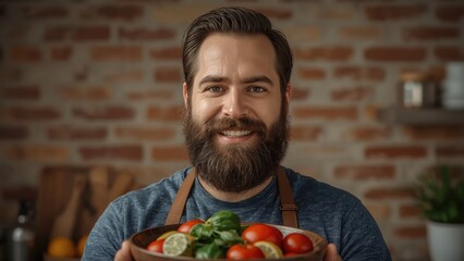 Healthy Food Enthusiast Man Holding Fresh Salad Bowl with Tomatoes Basil and Lemon