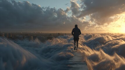 Runner on a Cloudy Path at Sunset