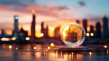 Glowing globe representing global connectivity and innovation, set against vibrant sunset skyline. scene evokes sense of progress and unity
