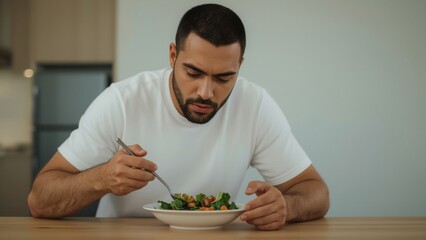 A man wearing a white t-shirt eats a healthy salad for lunch at a table